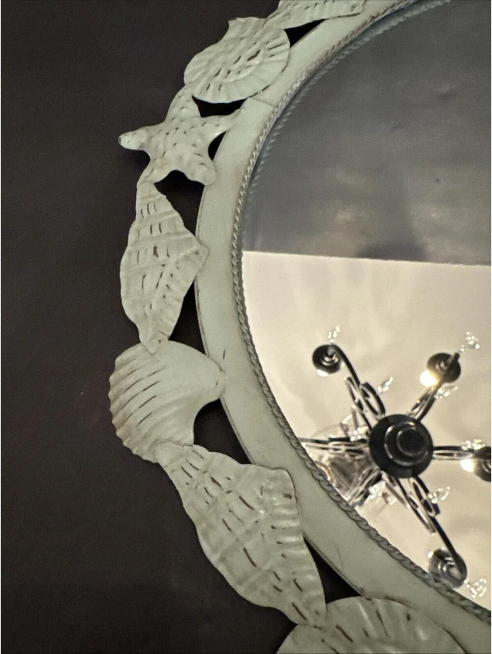 Vintage Round Seashell Metal Mirror /Tray 14.5” Coastal Beach House Nautical